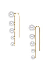 Zelta krāsas auskari ar piecām pieaugošām baltām pērļu pērlēm, minimālistisks dizains, plāni taisni stieņi un noapaļotas pērļu formas.