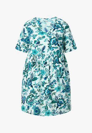 Korte mouw V-hals jurk met geplooide taille, met een blauwgroen bloemen- en bladmotief op een lichte achtergrond.