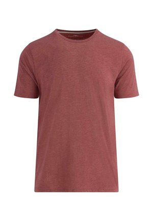 Červené bavlnené tričko s klasickým okrúhlym výstrihom, krátkymi rukávmi a jemnou textúrou. Na hrudi sa nachádza malé logo.