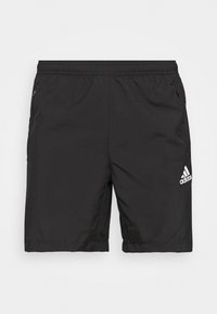 Pantalones cortos deportivos negros de material ligero con una cinturilla elástica, que cuentan con bolsillos laterales con cremallera y un acento de logo blanco.