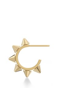 Gold hoop earring with a curved shape featuring six triangular spikes evenly spaced along the outer edge. Smooth, shiny finish.