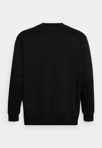 Sudadera negra de manga larga, cuello redondo, con puños y dobladillo de acanalado. Textura suave, diseño minimalista, sin logotipos ni patrones visibles.