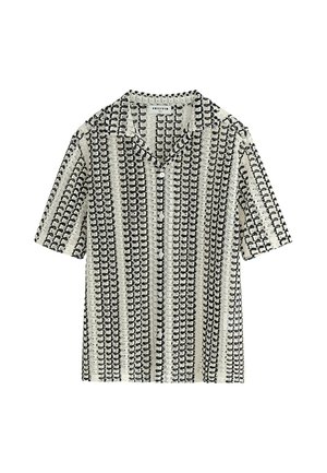 Chemise à manches courtes avec boutons, motif vertical abstrait noir et blanc, col ouvert et étiquette de marque "Frilivin" à l'intérieur du col.