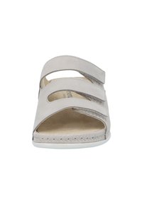 Open-toe sandal in light gray suede with three adjustable straps. Features a soft insole and woven design along the edges.