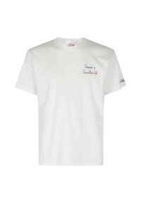 T-shirt bianco in cotone a maniche corte e scollo rotondo. Presenta testo ricamato in rosso e blu sul davanti e sulla manica.