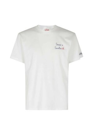 T-shirt bianco in cotone a maniche corte e scollo rotondo. Presenta testo ricamato in rosso e blu sul davanti e sulla manica.