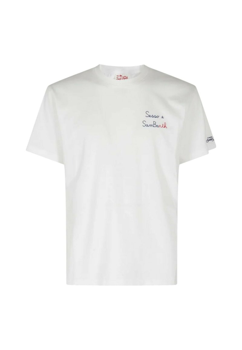 T-shirt bianco in cotone a maniche corte e scollo rotondo. Presenta testo ricamato in rosso e blu sul davanti e sulla manica.