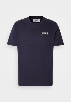 Marineblaue Baumwoll-T-Shirt mit Rundhalsausschnitt, kurzen Ärmeln und einem kleinen Logo in kontrastierender Farbe auf der Brust.