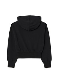 Felpa nera a maniche lunghe con cappuccio regolabile, polsini e orlo a costine. Realizzata in tessuto morbido con una texture liscia e senza ulteriori motivi.