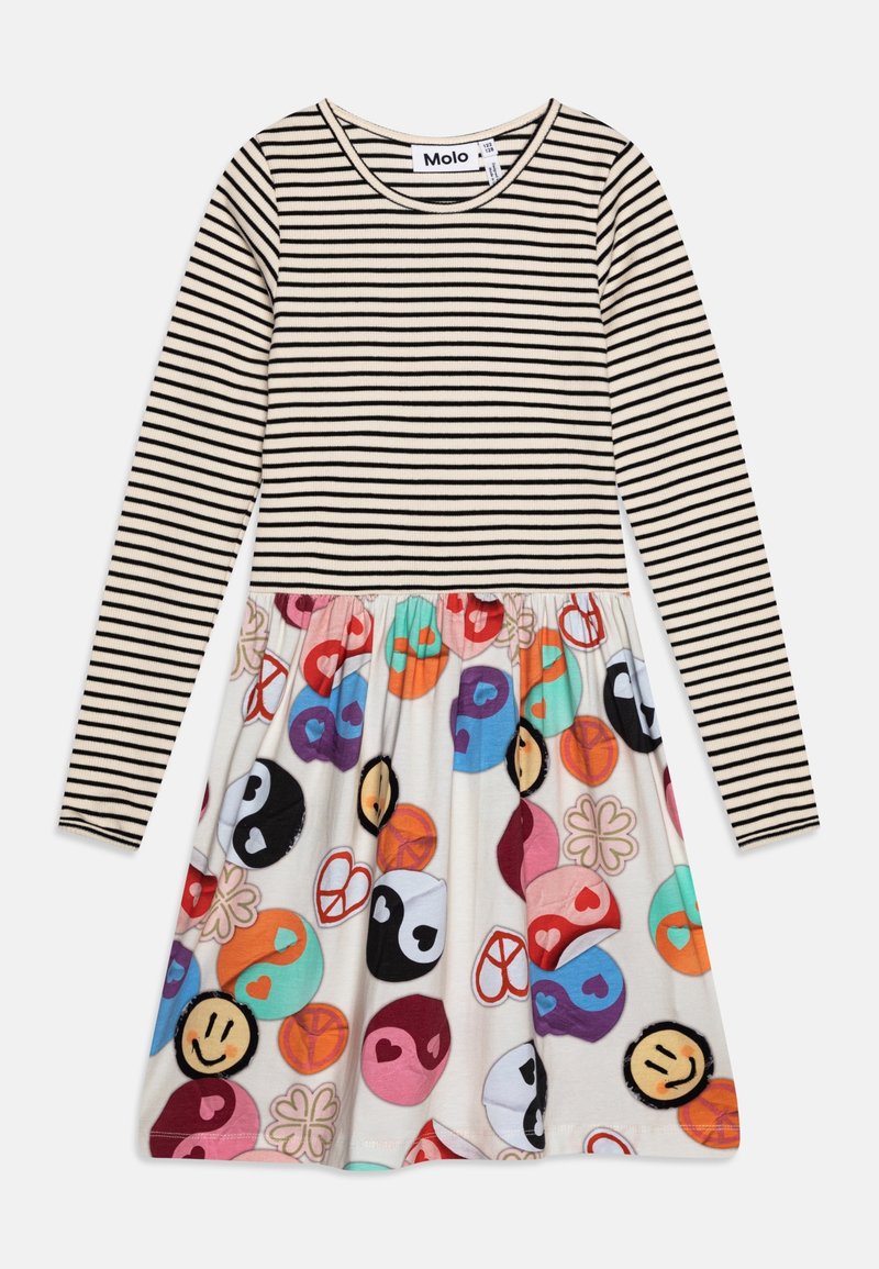 Langarm jurk met een gestreepte zwarte en crèmekleurige bovenkant. De rok heeft een kleurrijke, speelse print van smiley gezichten en vredessymbolen.