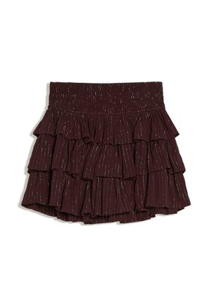 Temno bordo večplastna mini krilo z metalik navpičnimi črtami in nabranimi plastmi, z širokim nabranim pasom.