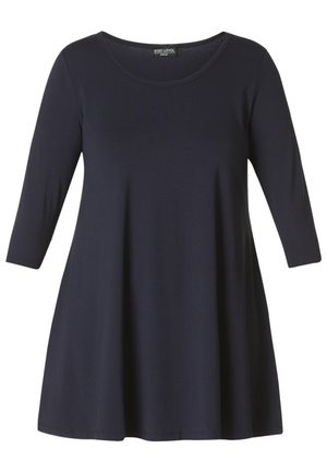 Marineblauwe, langemouwen tuniek met een ronde hals. Gemaakt van een zachte, gladde stof met een uitlopende silhoutte en een knielange zoom.