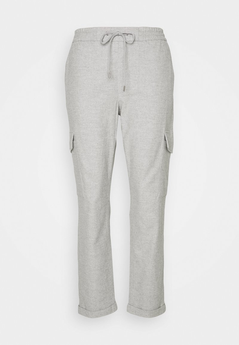 Jasnoszare spodnie dresowe z elastycznym pasem, sznurkiem, bocznymi kieszeniami cargo i ściągaczami na końcach nogawek. Miękka tekstura o heatherowym wyglądzie.