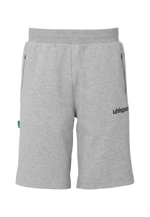 Shorts en coton gris avec une taille élastique, deux poches zippées sur les côtés et le logo "uhlsport" imprimé en noir sur la jambe gauche.