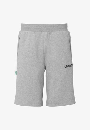 Shorts en coton gris avec une taille élastique, deux poches zippées sur les côtés et le logo "uhlsport" imprimé en noir sur la jambe gauche.
