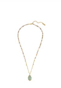 Colier cu tonuri de aur, prezentând o piatră de aqua în formă de lacrimă, intercalată cu mărgele multicolore. Include un închizător și o lanț ajustabil.