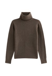 Suéter marrón de cuello alto en un material suave y texturizado. Presenta un cuello y puños de canalé. Corte recto con mangas largas.