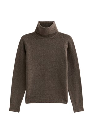 Pull en col roulé marron en matière douce et texturée. Présente un col et des poignets côtelés. Coupe droite avec des manches longues.