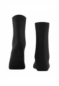 Schwarze Socken mit einem gerippten Strickmuster, das ein strukturiertes Design und verstärkte Fersen- und Zehenbereiche aufweist. Einfarbig ohne weitere Akzente.