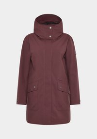 Bordeaux waterdichte jas met hoge kraag, drukknoopsluiting, twee voorkanten zakken en lange mouwen. Gladde textuur met een minimalistisch ontwerp.
