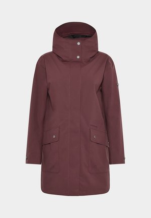 Bordeauxfarbene wasserdichte Jacke mit hohem Kragen, Druckknöpfen, zwei Fronttaschen und langen Ärmeln. Glatte Textur mit minimalistischem Design.