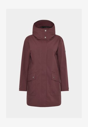 Bordeauxfarbene wasserdichte Jacke mit hohem Kragen, Druckknöpfen, zwei Fronttaschen und langen Ärmeln. Glatte Textur mit minimalistischem Design.