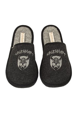 Graue Hausschuhe mit schwarzem Rand und einem in Silber gestickten Wikingerhelm-Logo. Rutschfestes Design mit einem strukturierten Innenfutter.