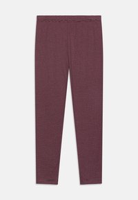 Leggings bordeaux avec de fines rayures horizontales, une taille extensible et une texture lisse. Conçus pour un ajustement près du corps.