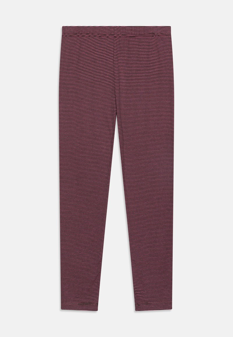 Leggings bordeaux avec de fines rayures horizontales, une taille extensible et une texture lisse. Conçus pour un ajustement près du corps.
