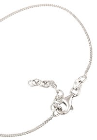 Silver chain necklace featuring a clasp and extension links; smooth texture with a polished finish and small engraved details.