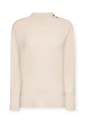 Beige, langemouw sweater met een hoge hals en twee decoratieve knopen aan de zijkant. Voorzien van ribgebreide manchetten en zoom. Zachte textuur.