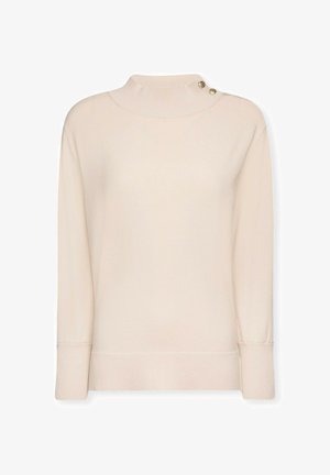 Suéter beige de manga larga con un cuello alto y dos botones decorativos en el lateral. Presenta puños y dobladillo acanalados. Textura suave.