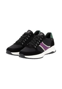 Schwarze Wildleder- und Mesh-Sneaker mit lila und weißen Akzenten, strukturierten Schnürsenkeln und einer weißen Gummisohle; runde Zehenform.
