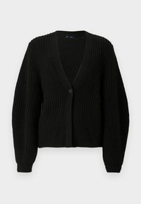 Cardigan preto de malha com decote em V, fecho com botões e padrão texturizado. Apresenta mangas longas e punhos canelados para um ajuste mais justo.