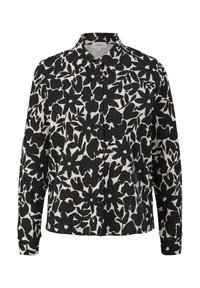 Chemise à manches longues boutonnée à imprimé floral noir et blanc, avec col et poignets.