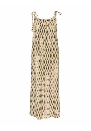 Robe maxi beige avec des motifs losanges noirs et marron, avec des bretelles ajustables à nouer sur un modèle sans manches.