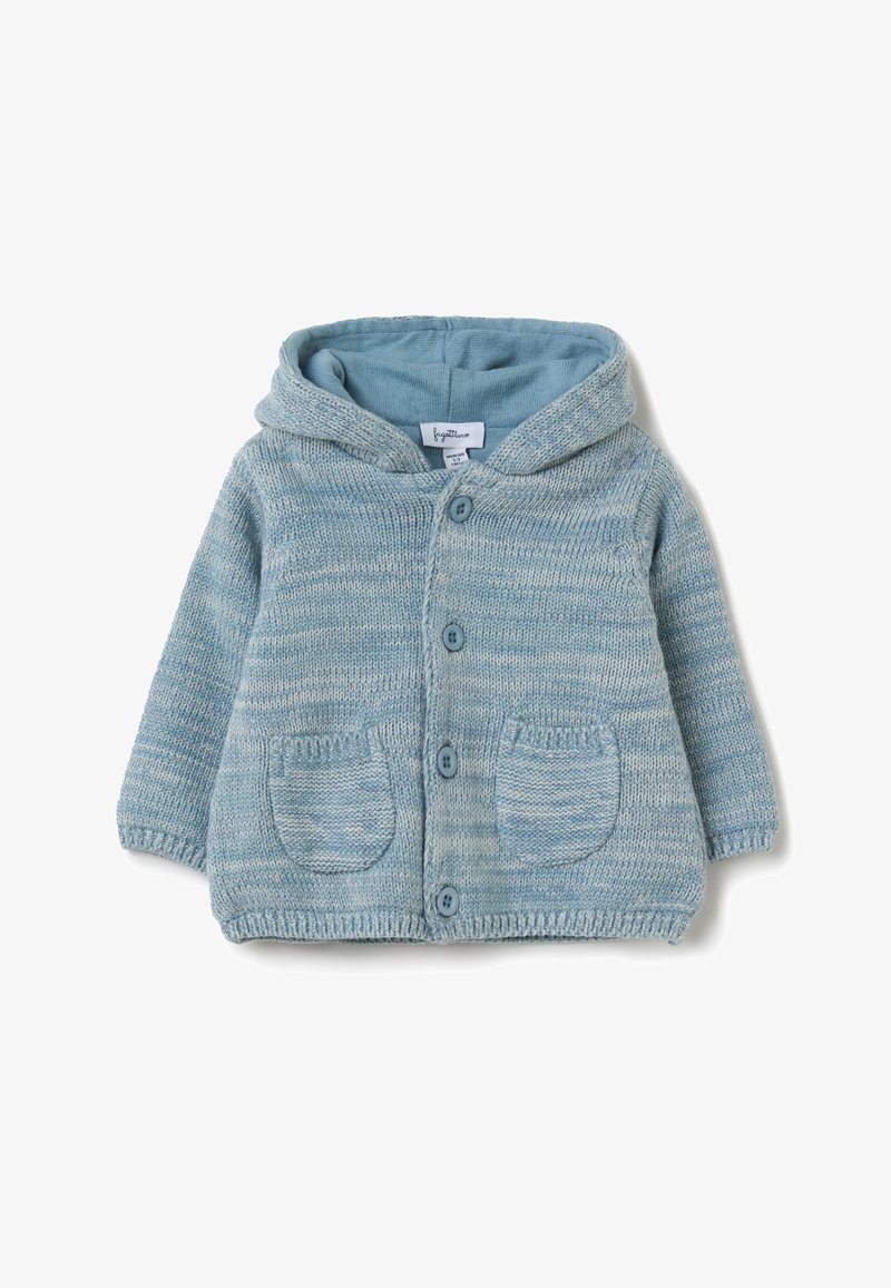 Cardigan per bambini lavorato a maglia di colore azzurro chiaro con cappuccio, dotato di un pattern testurizzato, due tasche frontali e chiusura a tre bottoni.