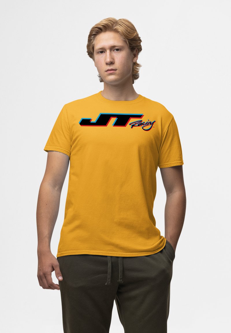 Žluté bavlněné tričko s modro-červeným logem "JT Racing" na hrudi, krátké rukávy a kulatý výstřih.