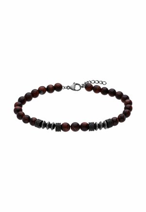 Collier de perles marron avec perles d'accent argentées et fermoir mousqueton, présenté sur fond blanc.