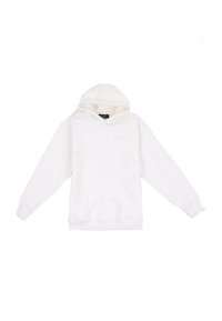Hvid hættetrøje lavet af fleece-materiale, med en forlomma, snoretræk i hætten, ribbede manchetter og et enkelt design med broderede detaljer.