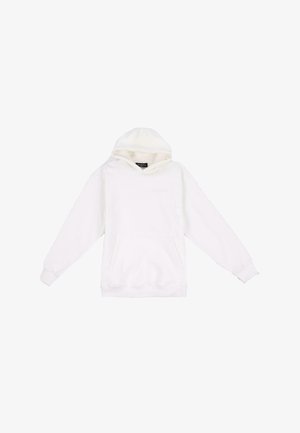 Valge fliisist kapuutsiga pusakar, millel on eestasku, reguleeritav kapuuts, soonikkoes varrukad ja lihtne disain, millel on broderi detailid.