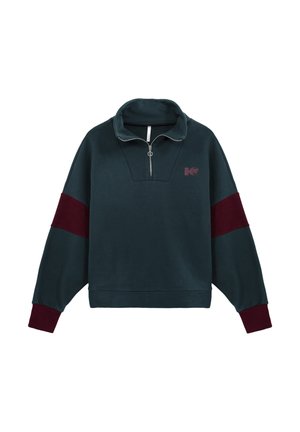 Felpa verde scuro con colletto a mezza zip, maniche bordeaux e un piccolo logo sul petto. Tessuto morbido con dettagli a coste.