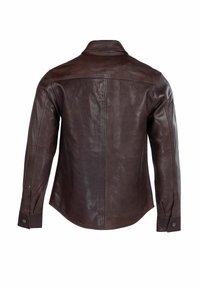 Barna bőrdzseki sima tapintású felülettel, begombolható mandzsettákkal és hegyes gallérral. Testre szabott szabással, hátul ívelt szegéllyel rendelkezik.