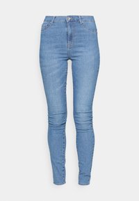 Felső derékig érő skinny farmernadrág elhalványult világoskék denim szövetből, öt zsebbel, cipzáros fly-nal és gombos záródással. Simma textúra, varrás nélküli dizájn.