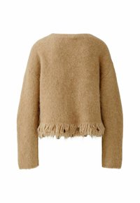 Beiger, kurzer Pullover mit flauschiger Textur, langen Ärmeln und einem fransigen Saum mit kleinen Löchern. Einfaches, übergezogenes Design.