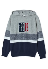 Felpa grigia con cappuccio e dettagli blu navy, caratterizzata da strisce orizzontali, polsini a costine e un audace logo "PEPE JEANS" in rosso scuro e blu.