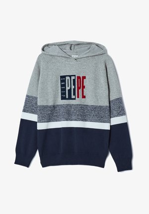 Grå hættetrøje med navy detaljer, prydet med horisontale striber, ribbede manchetter og et stort "PEPE JEANS" logo i mørkerød og blå.