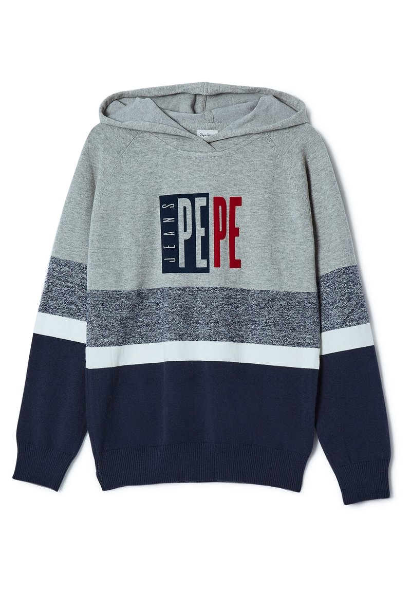 Felpa grigia con cappuccio e dettagli blu navy, caratterizzata da strisce orizzontali, polsini a costine e un audace logo "PEPE JEANS" in rosso scuro e blu.