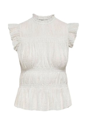 Bluza albă din dantelă, cu mâneci scurte volanate, guler înalt și talie adunată, cu un model delicat texturat.