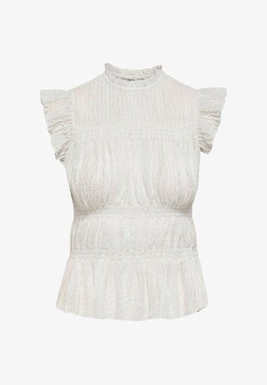 Bluza albă din dantelă, cu mâneci scurte volanate, guler înalt și talie adunată, cu un model delicat texturat.